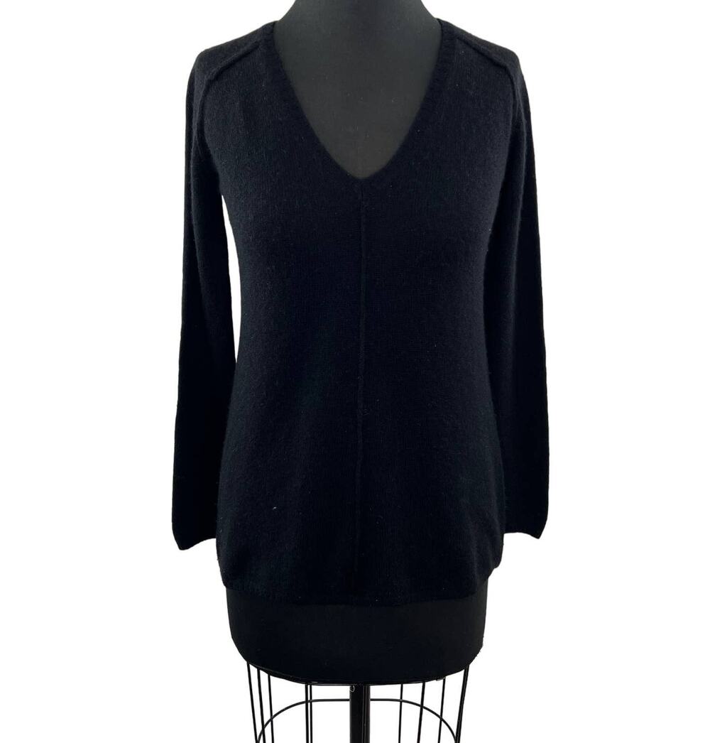 MINNIE ROSE Black 100% Cashmere Knit V-Neck Seamed Sweater Pullover Top XS